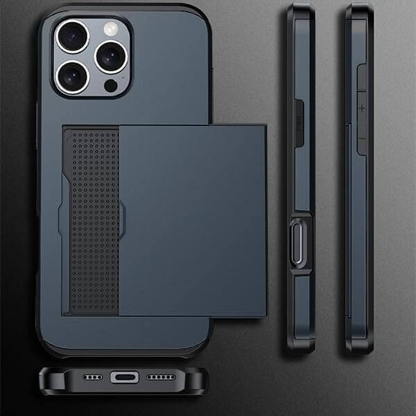 For iPhone 11 Pro Max Slide Card Holder Shockproof Case Cover-Navy Blue