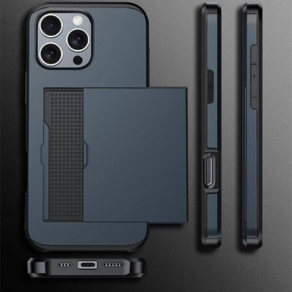 For iPhone 11 Pro Max Slide Card Holder Shockproof Case Cover-Navy Blue