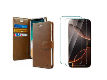 For iPhone 17 Pro Max Wallet Case  Brown + 2 x Screen Protectors