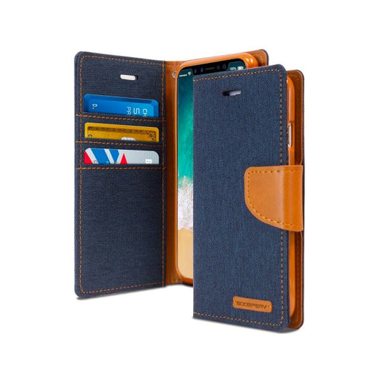 For iPhone 15 Pro Canvas Wallet Flip Cover Case With Card Slot-Navy Blue