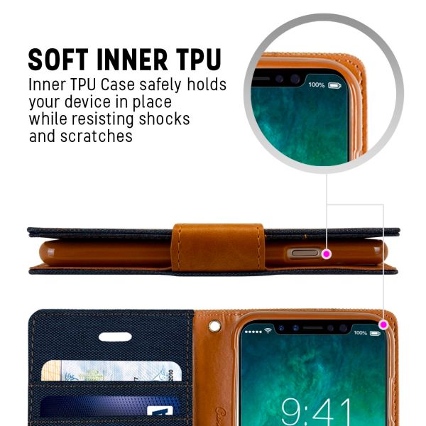For iPhone 15 Canvas Wallet Flip Cover Case With Card Slot-Navy Blue