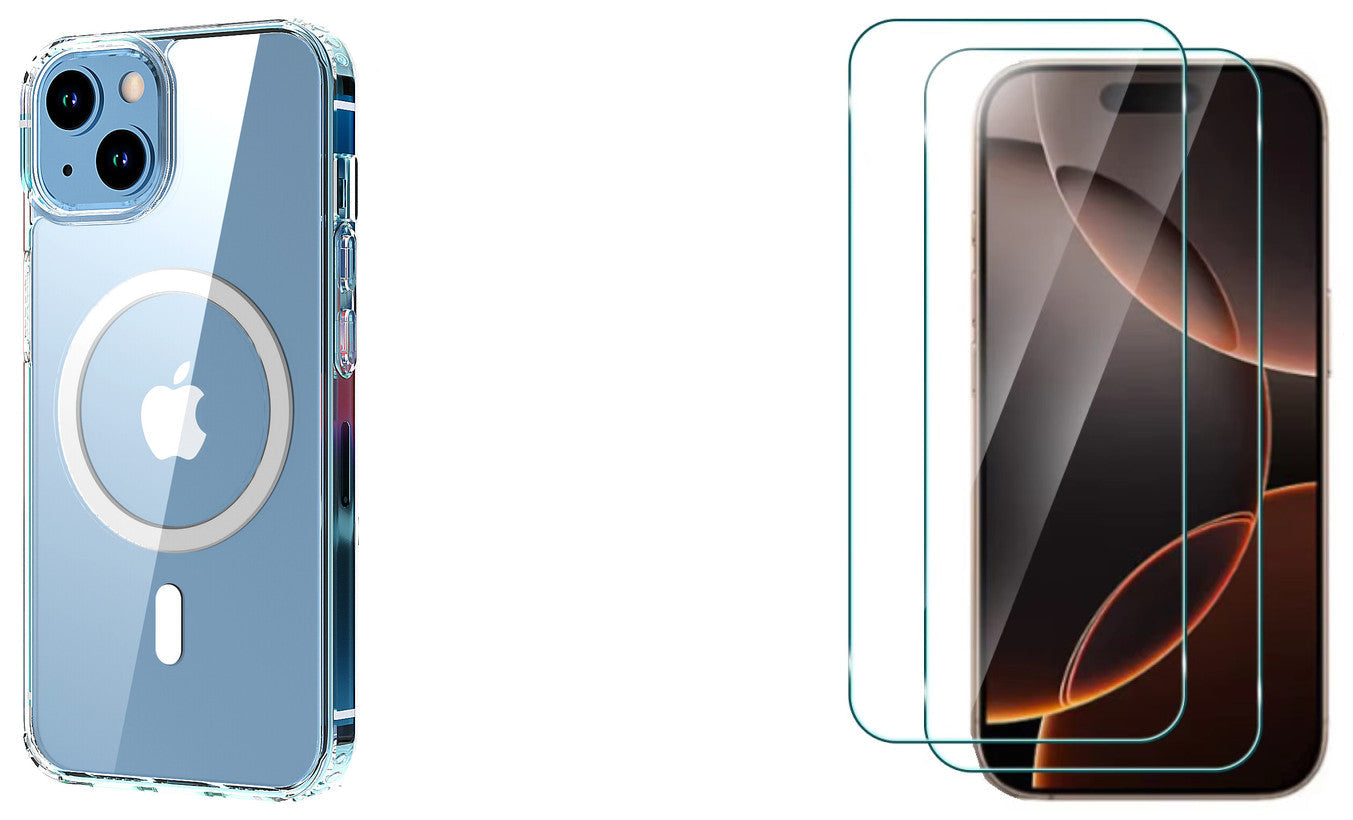 For iPhone 13 Clear Case Magsafe Cover + 2 x Tempered Glass Protectors