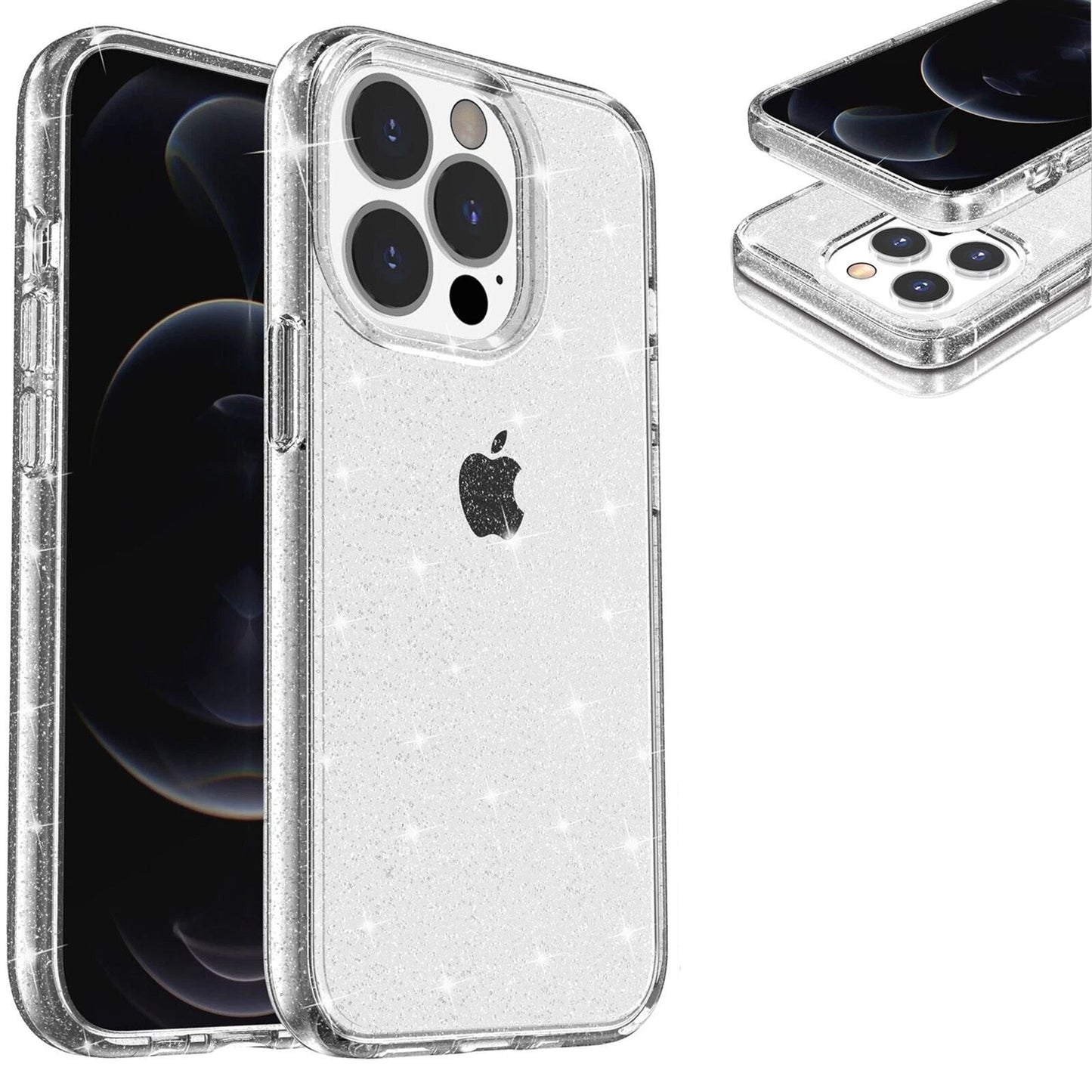 For iPhone 12 Pro Max Clear Bling Sparkle Shockproof Phone Cover + 2 Screen Protectors