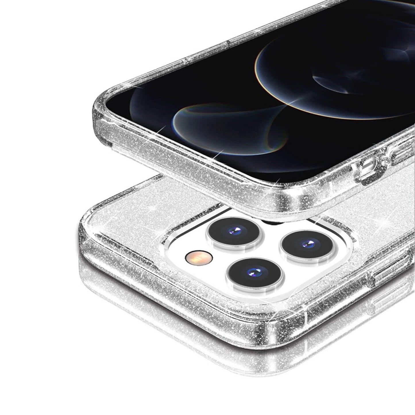 For iPhone 12 Pro Max Clear Bling Sparkle Shockproof Phone Cover + 2 Screen Protectors