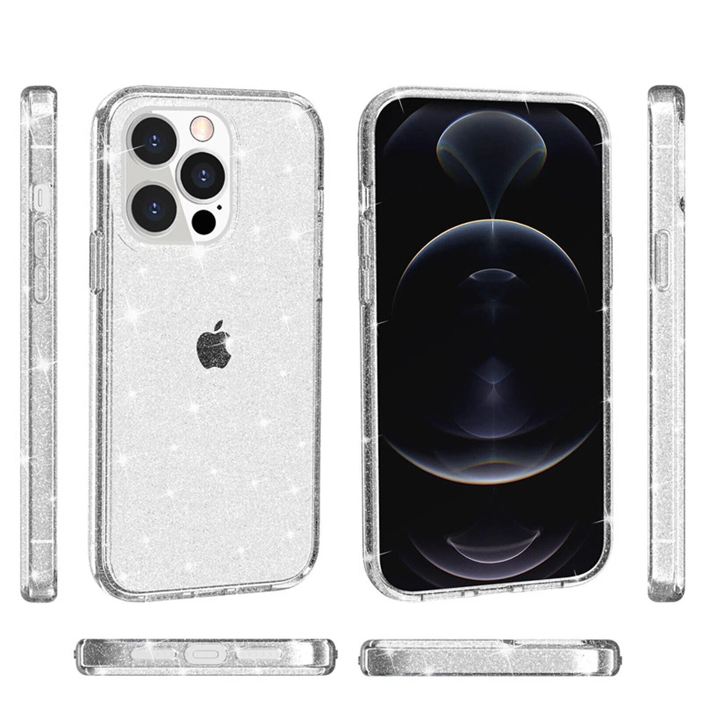 For iPhone 12 Pro Max Clear Bling Sparkle Shockproof Phone Cover + 2 Screen Protectors