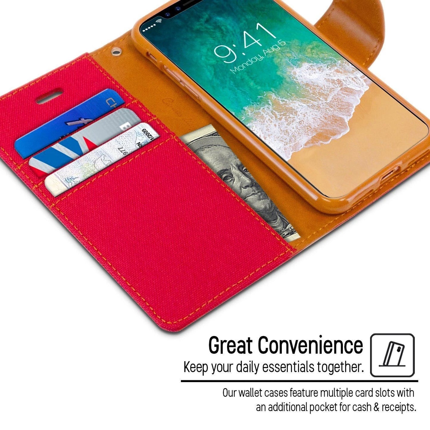 For iPhone 13 Pro Canvas Wallet Flip Cover Case with  Card Slots Case Cover-Red