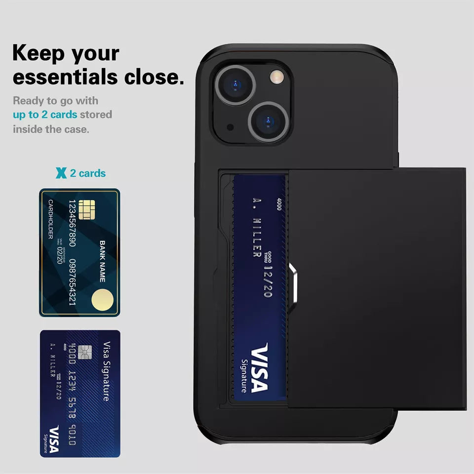 For iPhone 12 Slide Card Holder Shockproof Case Cover-Black Colour