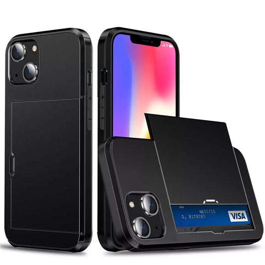 For iPhone 13 Slide Card Holder Shockproof Case Cover-Black Colour