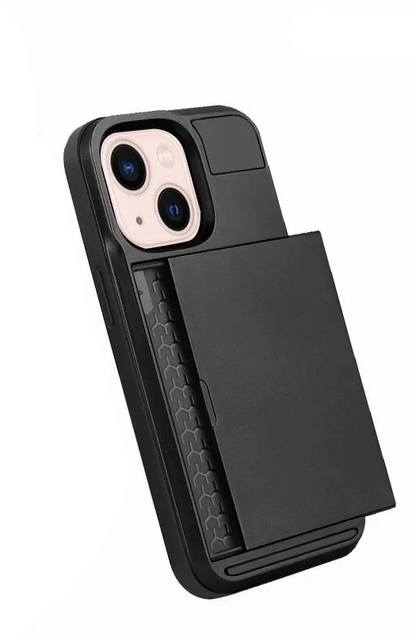 For iPhone 12 Slide Card Holder Shockproof Case Cover-Black Colour