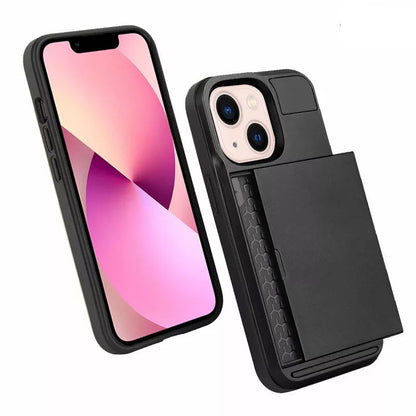 For iPhone 12 Slide Card Holder Shockproof Case Cover-Black Colour